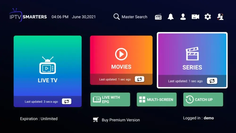 IPTV player dashboard with live TV, films and series